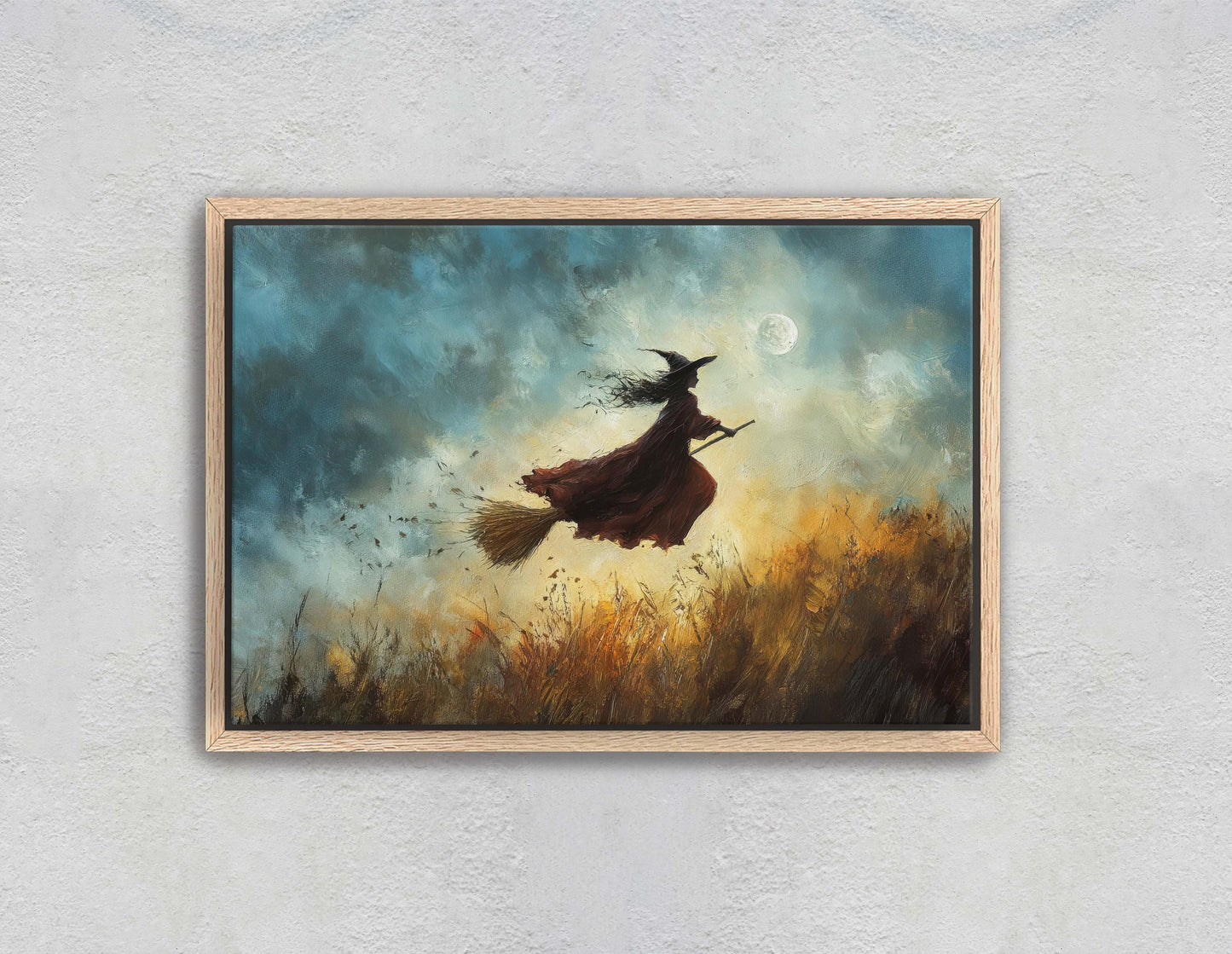Flying Witch, Witch on Broomstick, Whimsical Decor, Full Moon,Halloween Art, Fall Harvest, Cloudy
