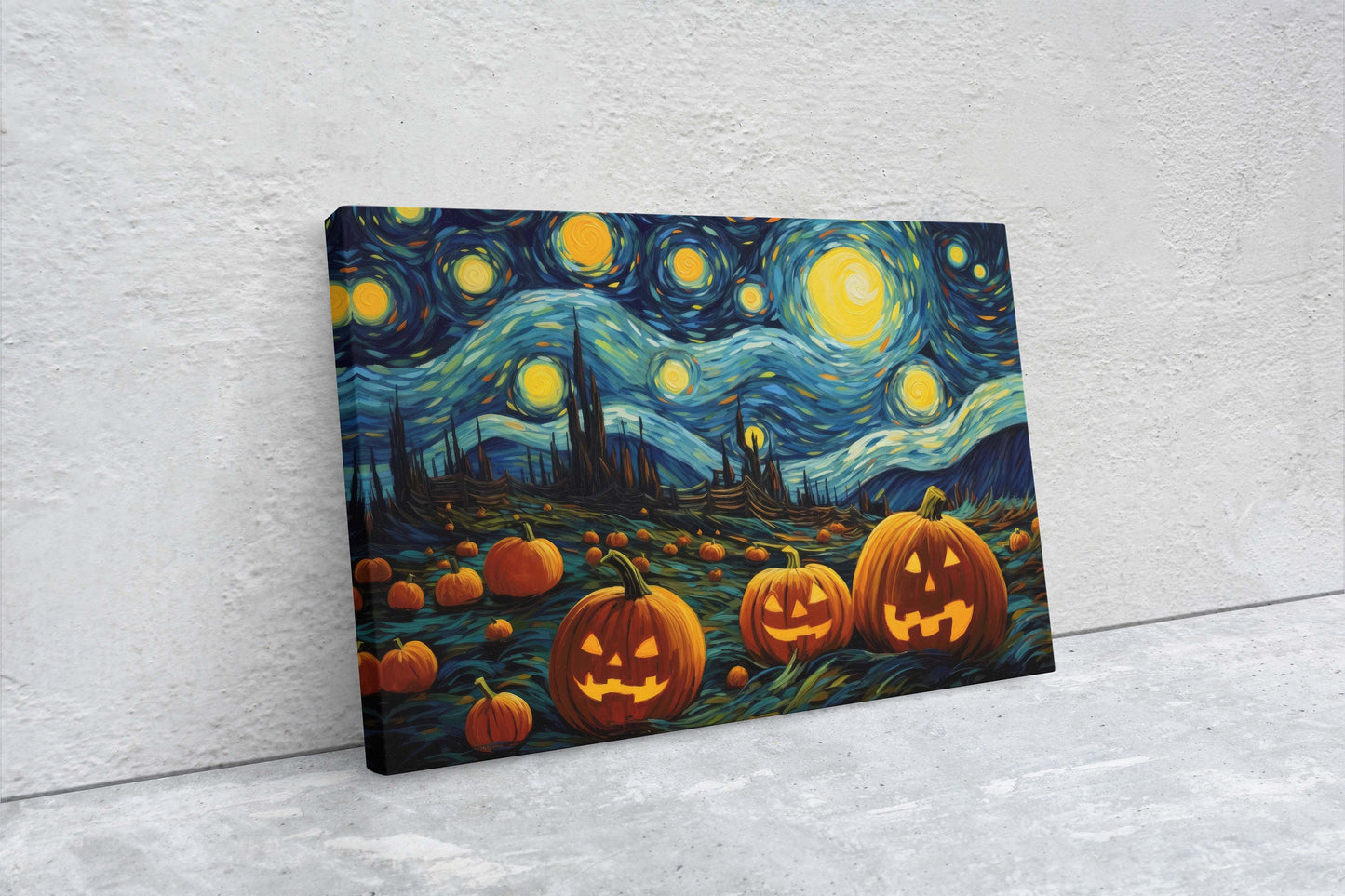Pumpkin Starry Night on Canvas, Halloween Van Gogh, Jack-O-Lantern, Pumpkin Patch, Framed Canvas, Fun Halloween