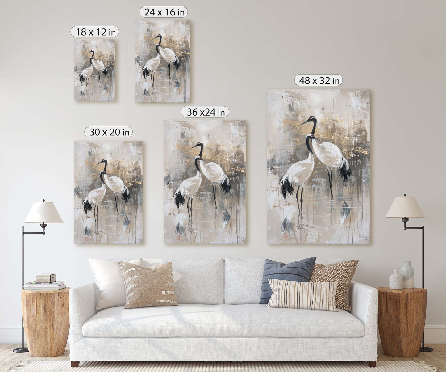 Japanese Gold Cranes, Gold and Beige, Minimalist Art, Heron Decor, Framed Canvas, Japandi Print, Extra Large, Neutral Tones