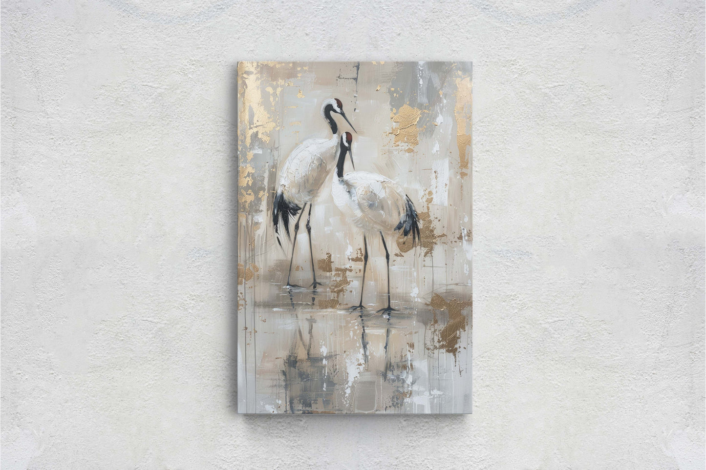 Gold Japanese Cranes, Gold and Beige, Minimalist Art, Heron Decor, Framed Canvas, Japandi Print, Extra Large, Neutral Tones
