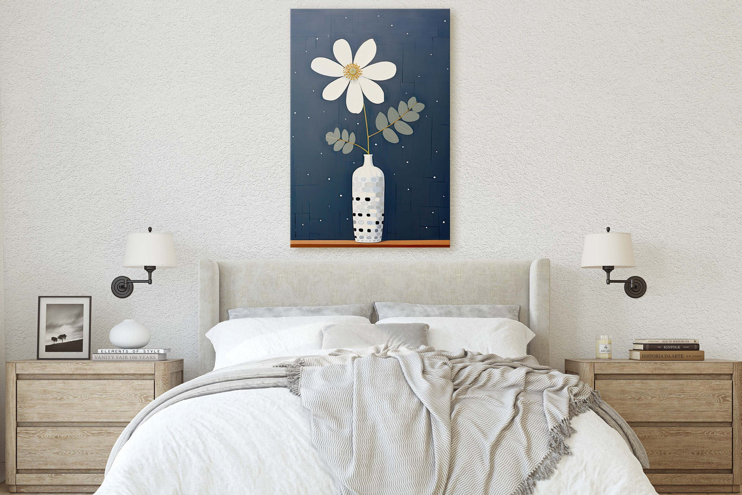 Flower Vase Painting, Contemporary Blue, White Floral Art, Framed Canvas, Large Art Print, Vertical Portrait, Indigo and White, Modern