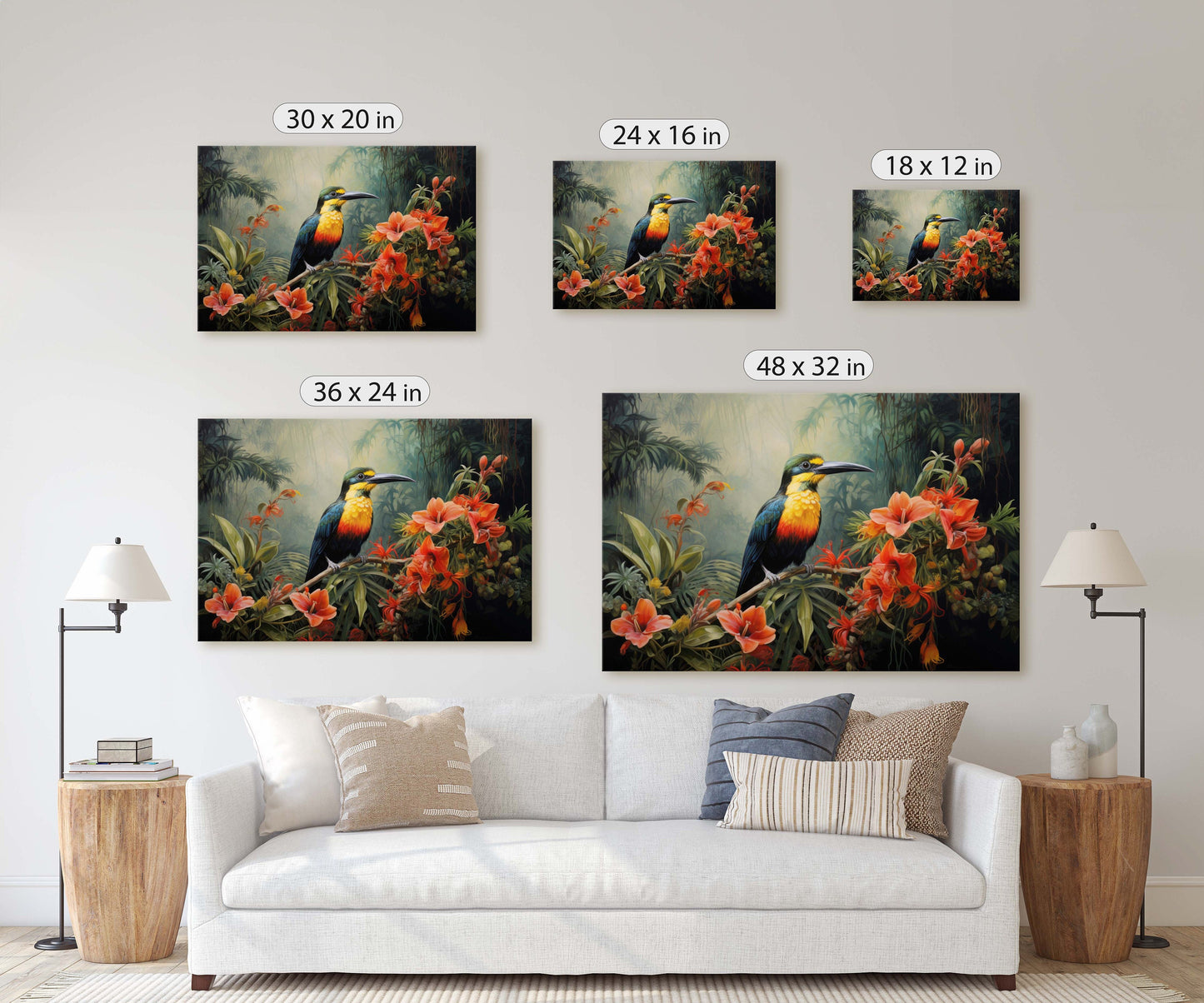 Jungle Bird Painting, Jungle Art, Green Jungle, Framed Canvas, Large Print, Beautiful Bird, Flower Jungle, Tropical Forest, Rainforest Art