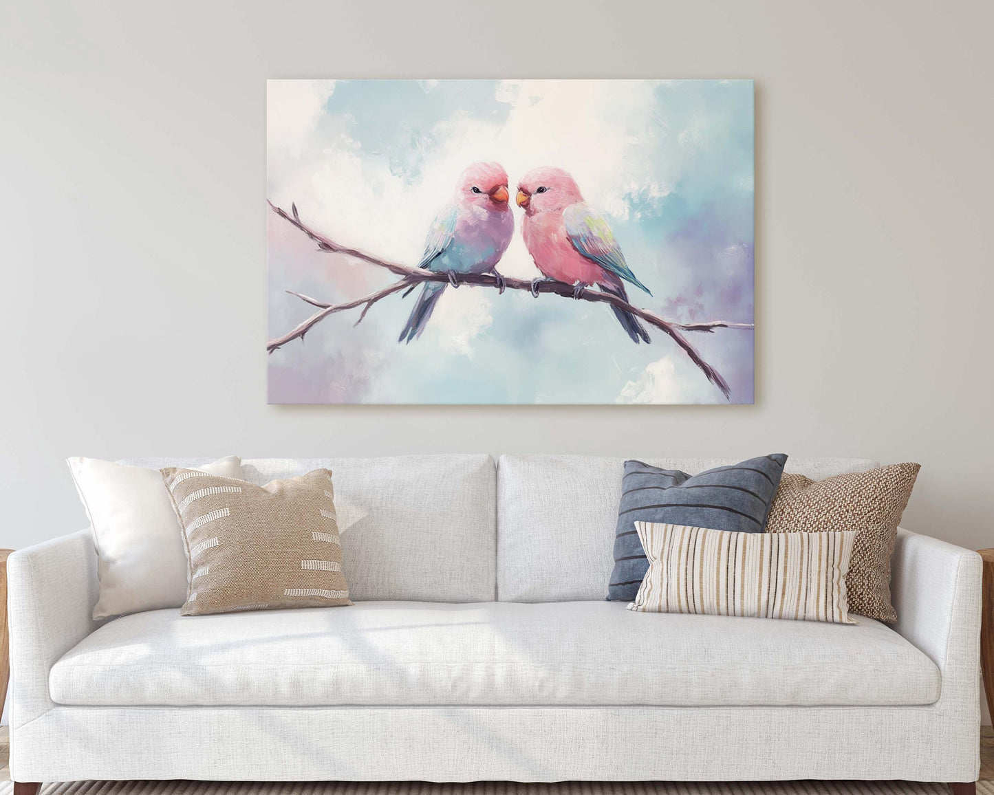 Love Birds, Love At First Sight, Bird Art Print, Pastel Colors, Blue Pink Purple