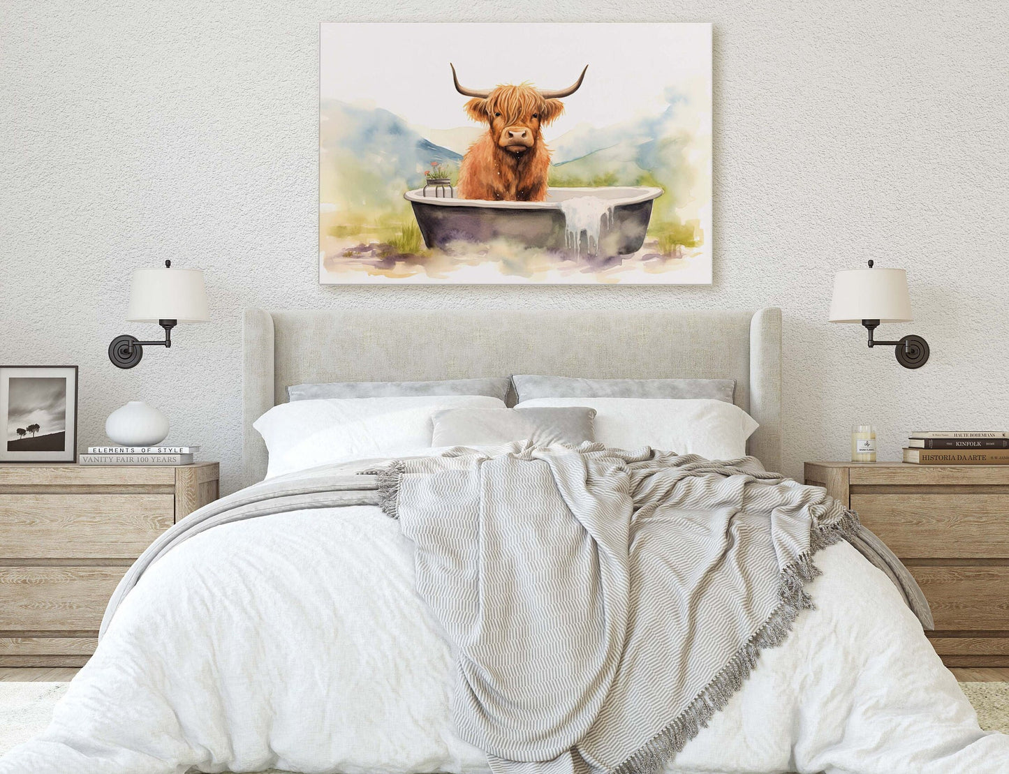 Highland Cow on Canvas, Cow Bathtub, Bathroom Decor, Scottish Cow, Bovine Art, Powder Room, Barn Style, Fun Art, Farm Print, Oversized Art