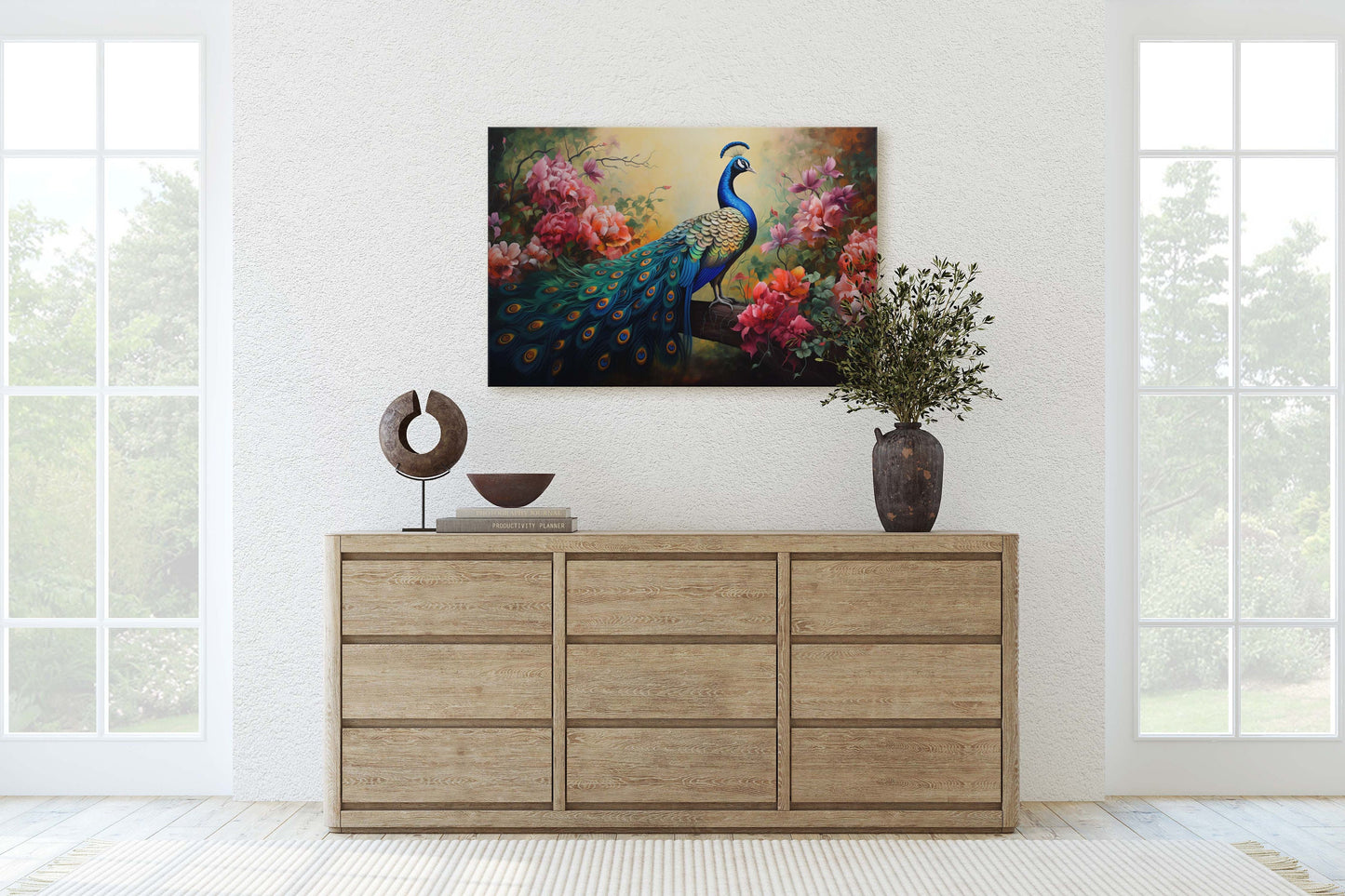 Peacock Painting, Pink Flowers, Colorful Art, Bird Decor, Framed Canvas, Large Print