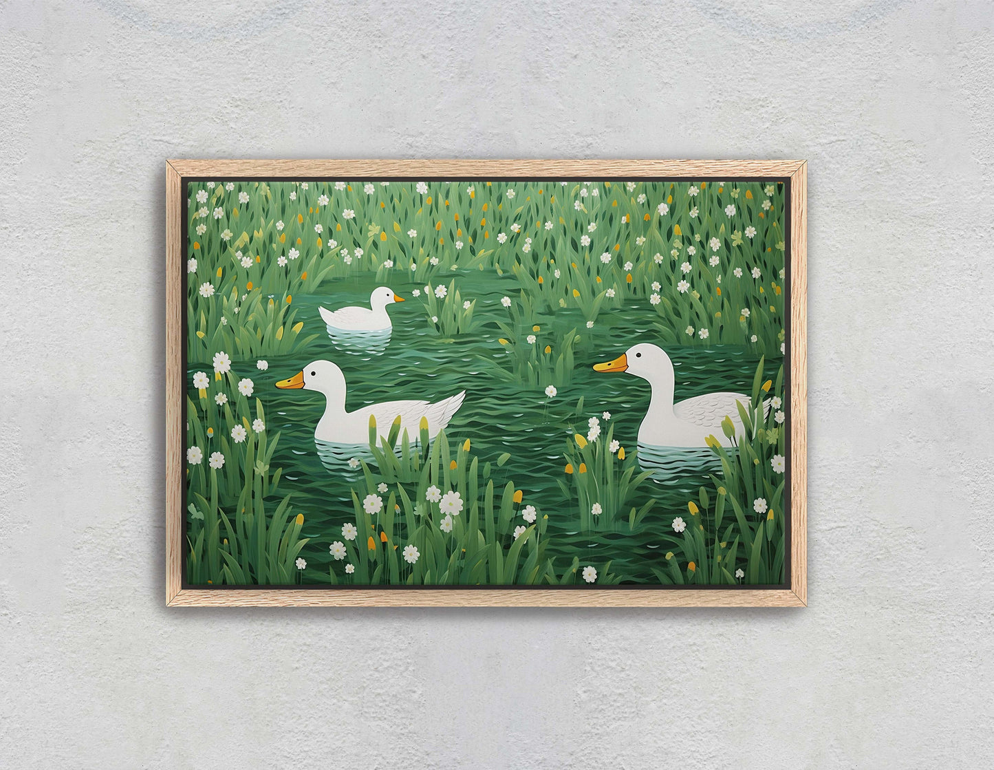 Ducks on Pond, Green Pond, Simple Minimal, Framed Canvas, Green and White, Emerald Green, Large Art Print, Mallard Duck, Lake, Marsh