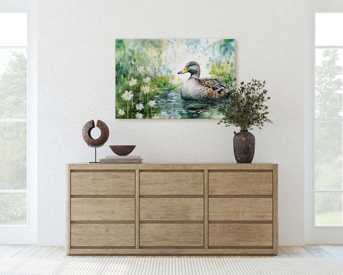 Duck Painting, Duck on Pond, Mallard Duck, Bird Art, Green Pond, Framed Canvas, Large Art Print, Traditional Print, Avian Decor