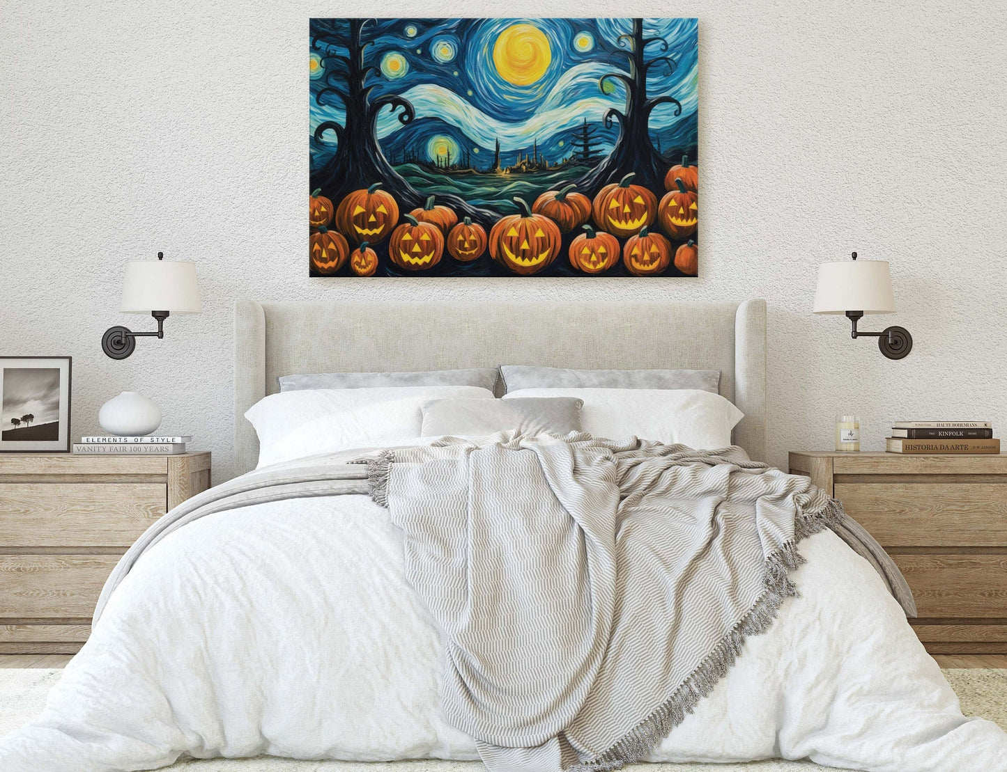 Pumpkin Patch On Canvas, Starry Night Pumpkins, Jack-O-Lantern, Van Gogh, Spooky Art, Fun Halloween, Kid Friendly, Framed Canvas