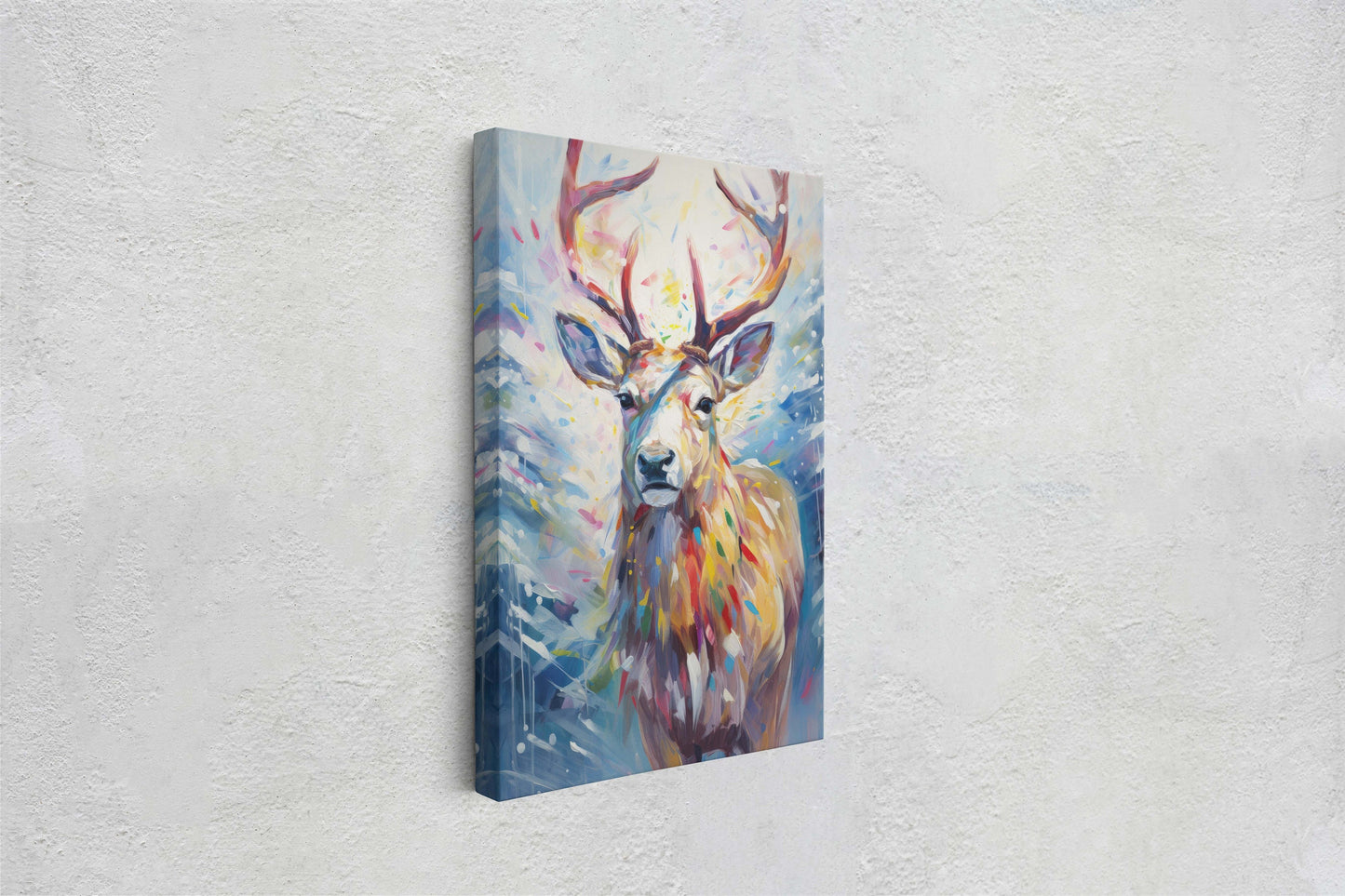 Reindeer Painting, Colorful Reindeer, Christmas Decor, Winter Art, Framed Canvas, Xmas Art, Festive Painting, Christmas Print