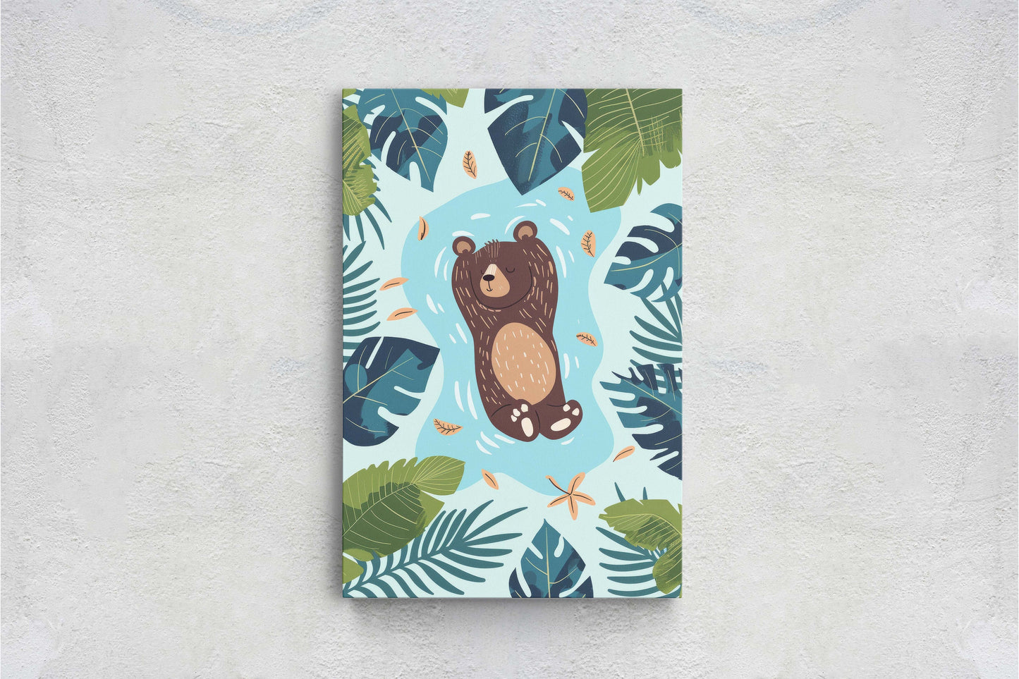Baby Bear Relaxing, Bear Cub, Swimming Bear, Framed Canvas, Nursery Decor, Childrens Room, Kids Room, Illustration, Forest Art