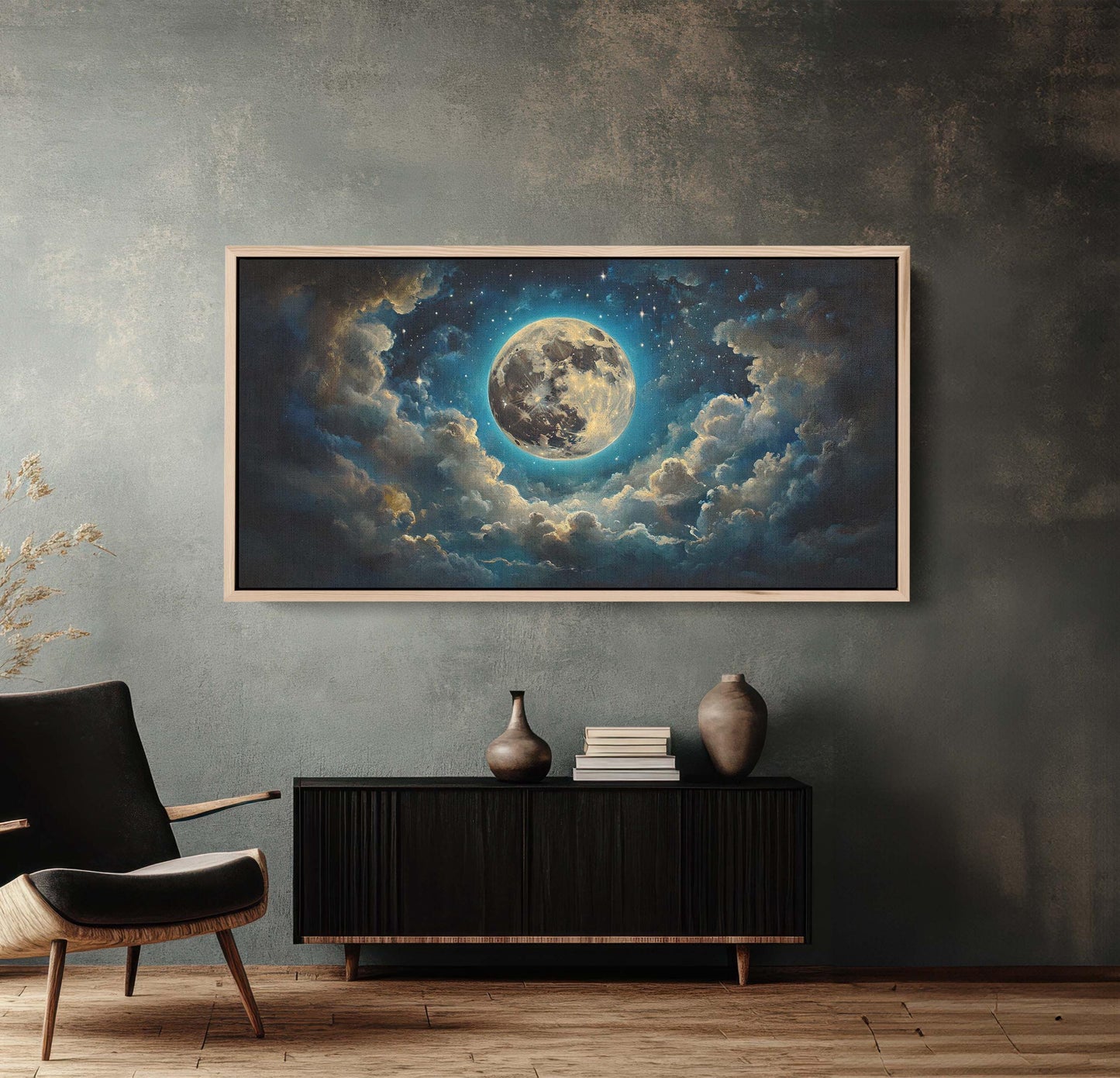 Full Moon Vintage ,Cloudy Moon Sky, Moon Painting, Moon and Stars