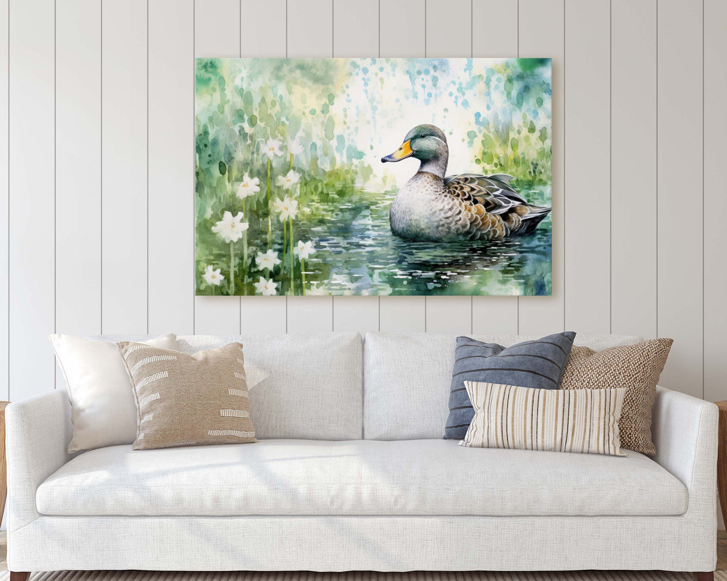 Duck Painting, Duck on Pond, Mallard Duck, Bird Art, Green Pond, Framed Canvas, Large Art Print, Traditional Print, Avian Decor