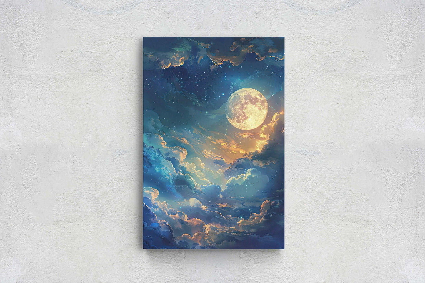 Cloudy Moon Sky, Moonlit Night, Golden Night, Full Moon Painting, Celestial Art, Nature, Retro Style