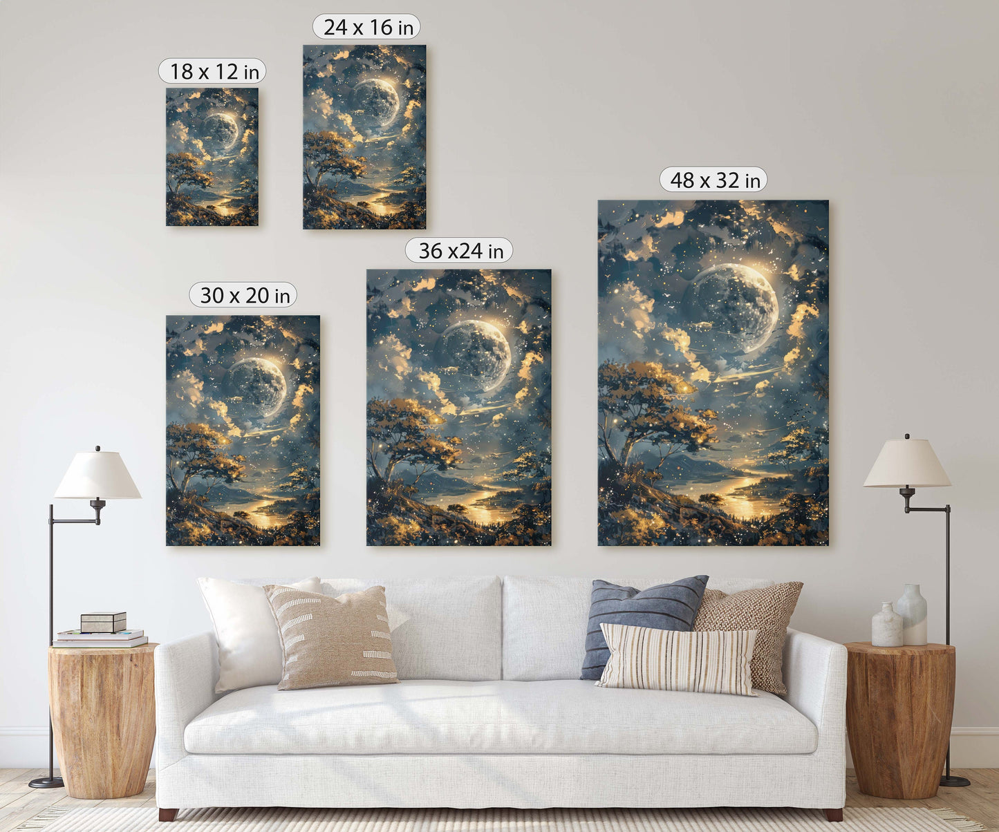 Full Moon, Celestial Painting, Night Sky, Golden Glow, Majestic Landscape, Framed Canvas, Large Art Print