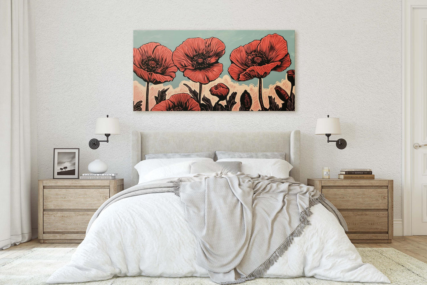 Red Poppies Art, Poppy Print, Linocut Print, Scandinavian Art