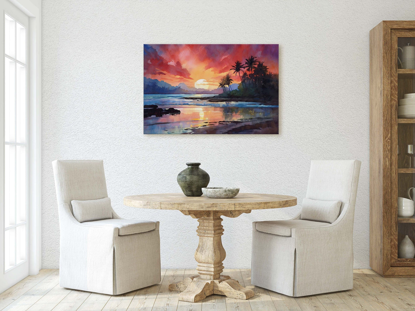Dusk Beach on Canvas, Sunset Ocean, Sunrise Oceanside, Watercolor, Framed Canvas, Palm Trees, Subdued Art, Tropical Paradise