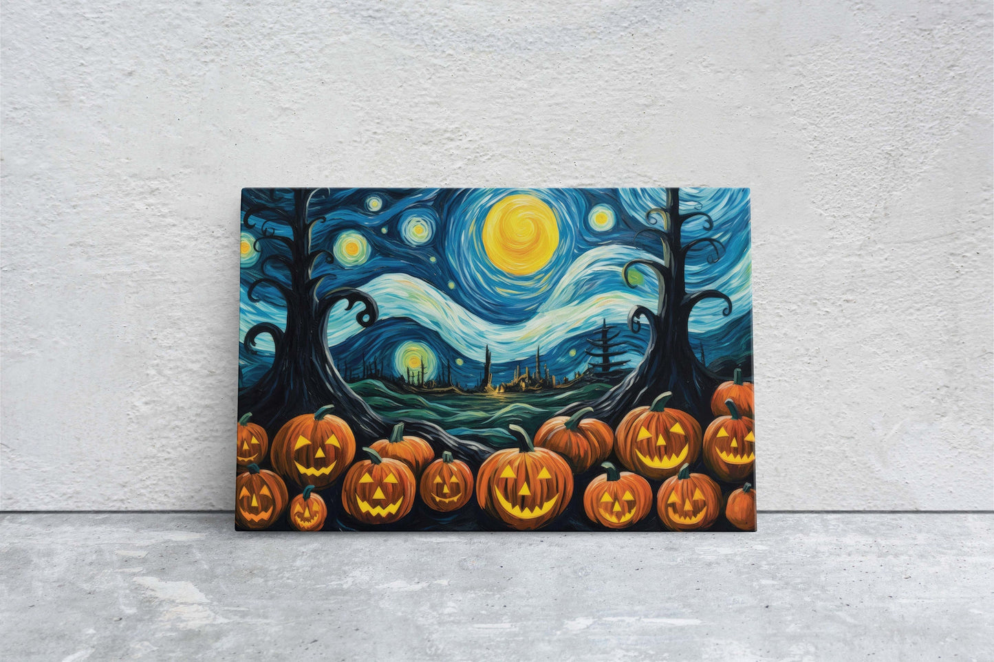Pumpkin Patch On Canvas, Starry Night Pumpkins, Jack-O-Lantern, Van Gogh, Spooky Art, Fun Halloween, Kid Friendly, Framed Canvas