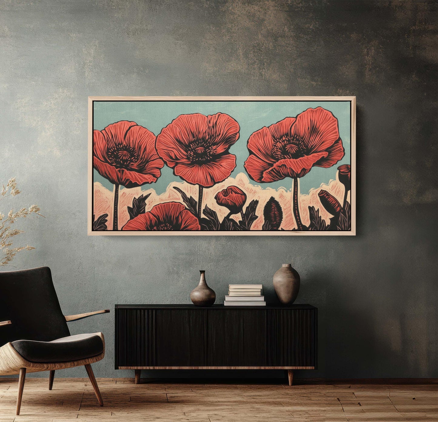 Red Poppies Art, Poppy Print, Linocut Print, Scandinavian Art