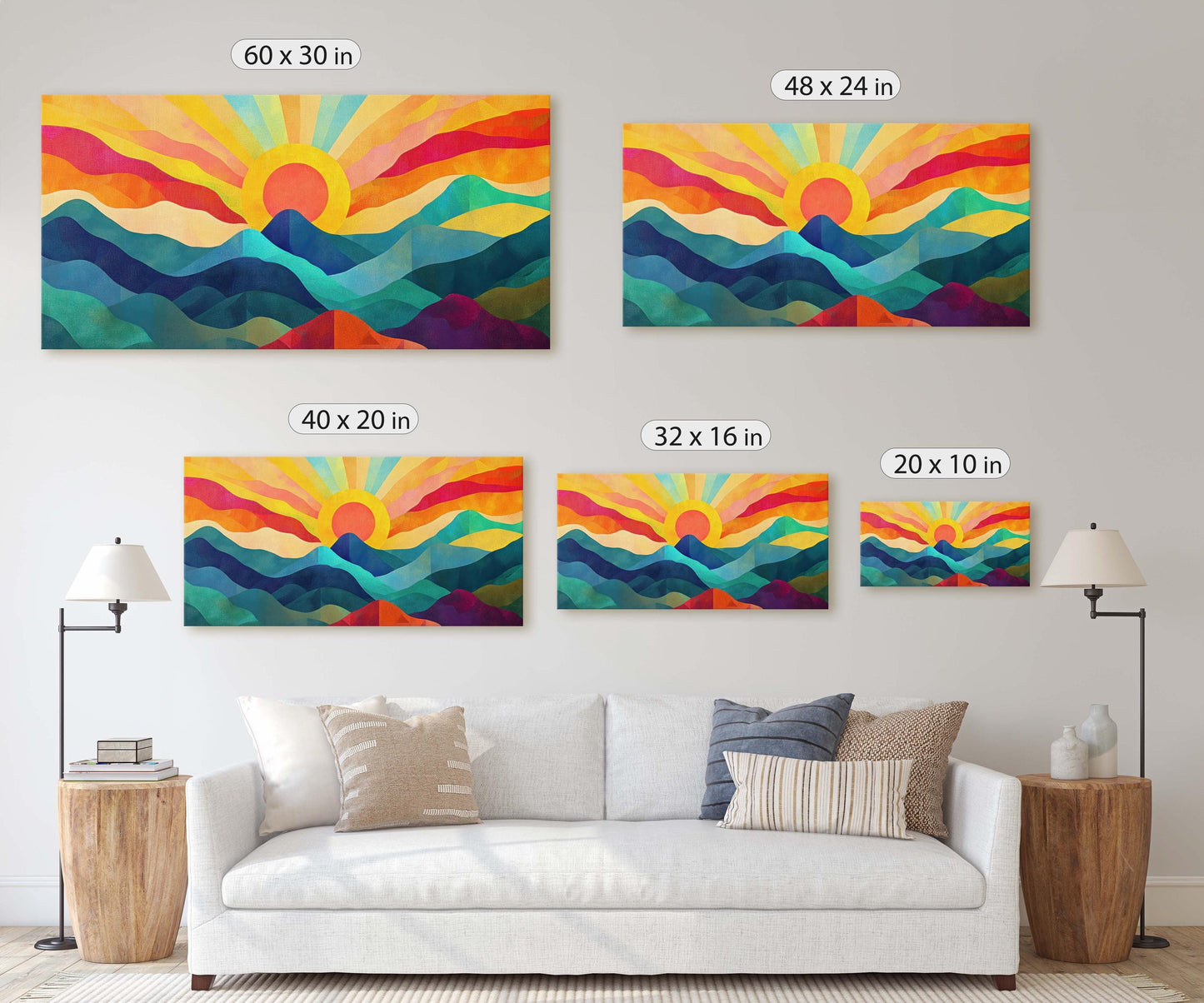 Sunshine Mountain, Canvas Print, Sunset Decor, Flat Art, Vibrant Color, Bold Art, Abstract, Mid Century Modern, Scandinavian Print