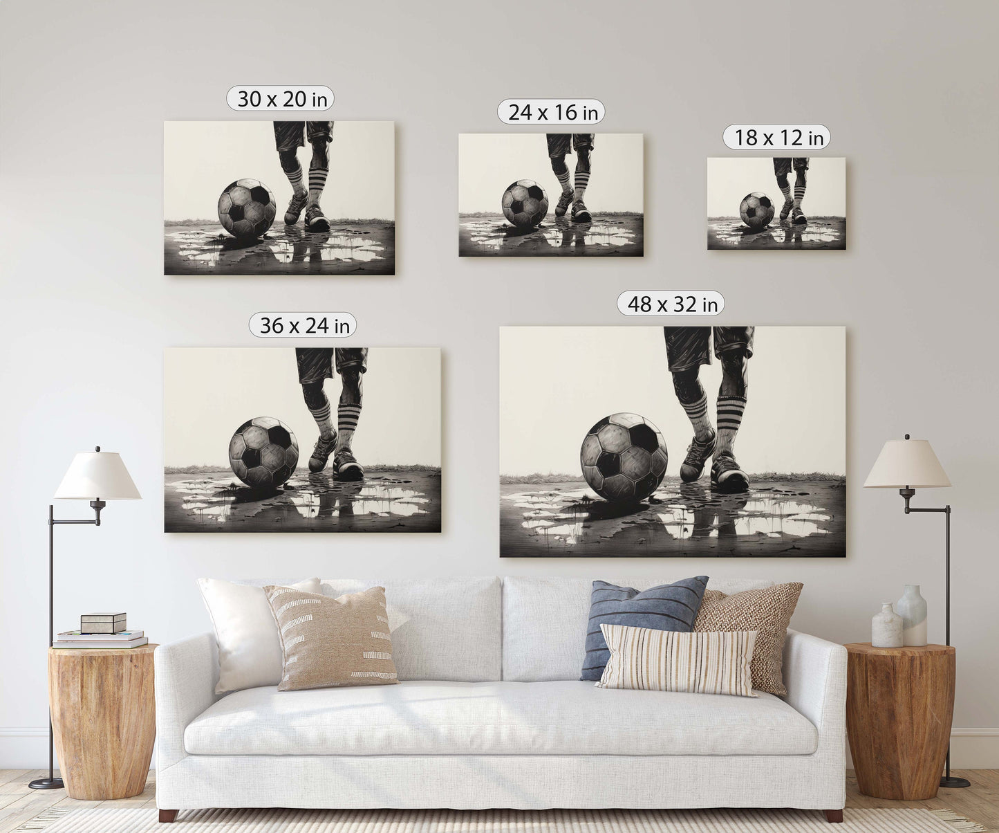 Soccer Painting, Black and White, Sports Decor, Soccer Player, Framed Canvas, Large print, Gift for Dad, Gift for Him
