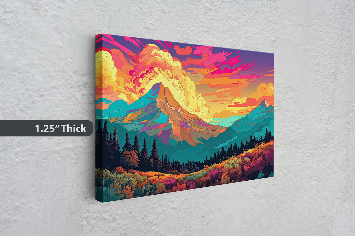 Vibrant Mountains, Colorful Illustration, Bold Colors, National Park, Framed Canvas, Cel Shading, Landscape Drawing, Toon Shading