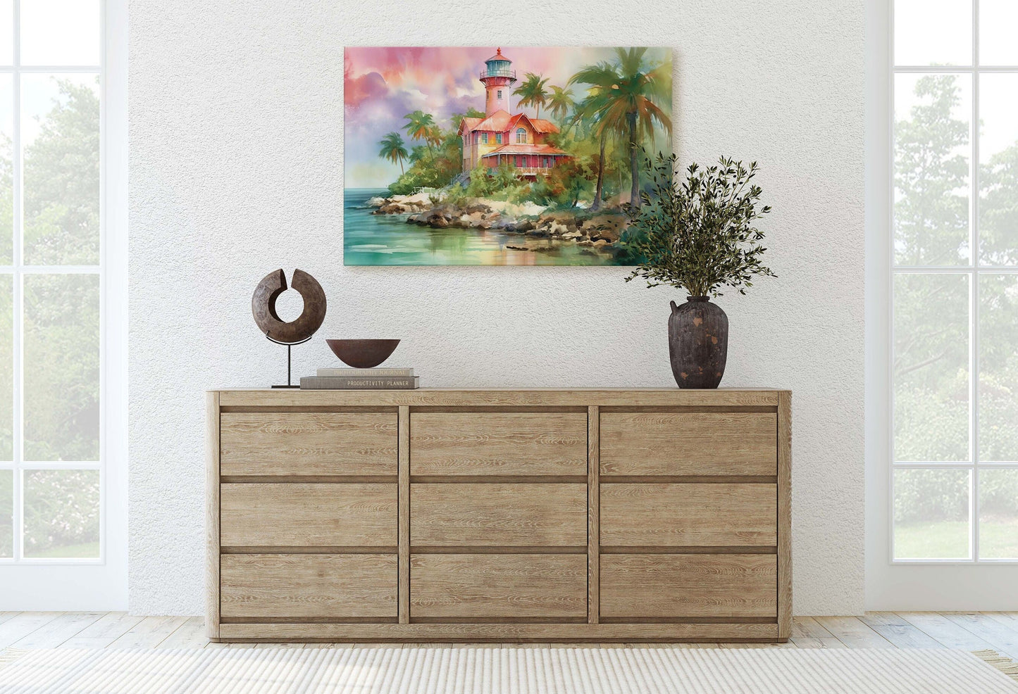 Pink Lighthouse On Canvas, Ocean Painting, Beach House, Watercolor, Palm Trees, Coastal Art, Coastline Villa, Framed Canvas
