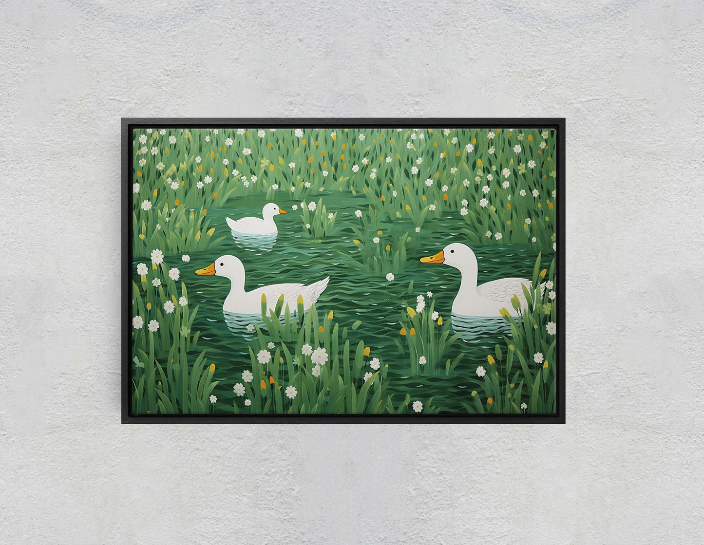 Ducks on Pond, Green Pond, Simple Minimal, Framed Canvas, Green and White, Emerald Green, Large Art Print, Mallard Duck, Lake, Marsh