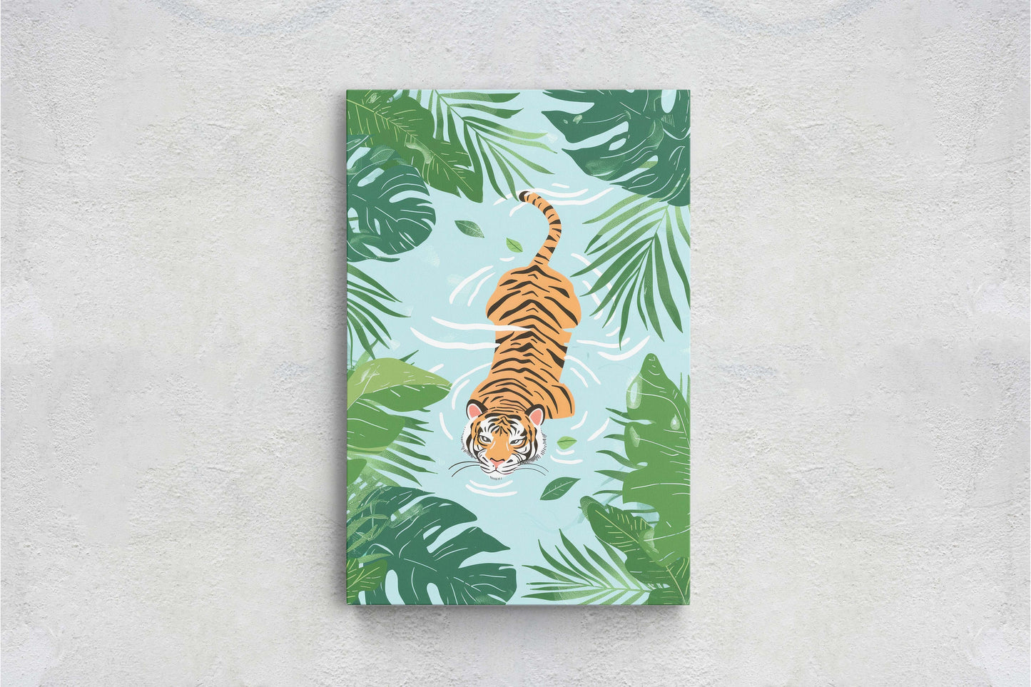 Tiger Swimming, Tropical Wall Art, Framed Canvas, Big Cat Art, Jungle Decor, Rainforest Art