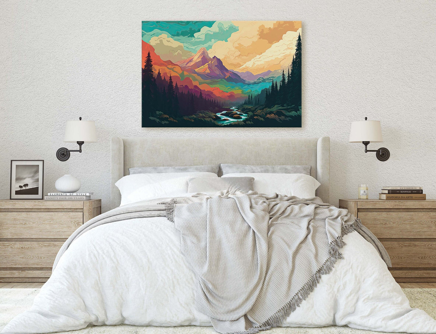 Cloud Mountains on Canvas, Flat Illustration, Sunset Colors, Sunrise Scene, Mountain Range, National Park, Abstract Art, Drawing, Framed