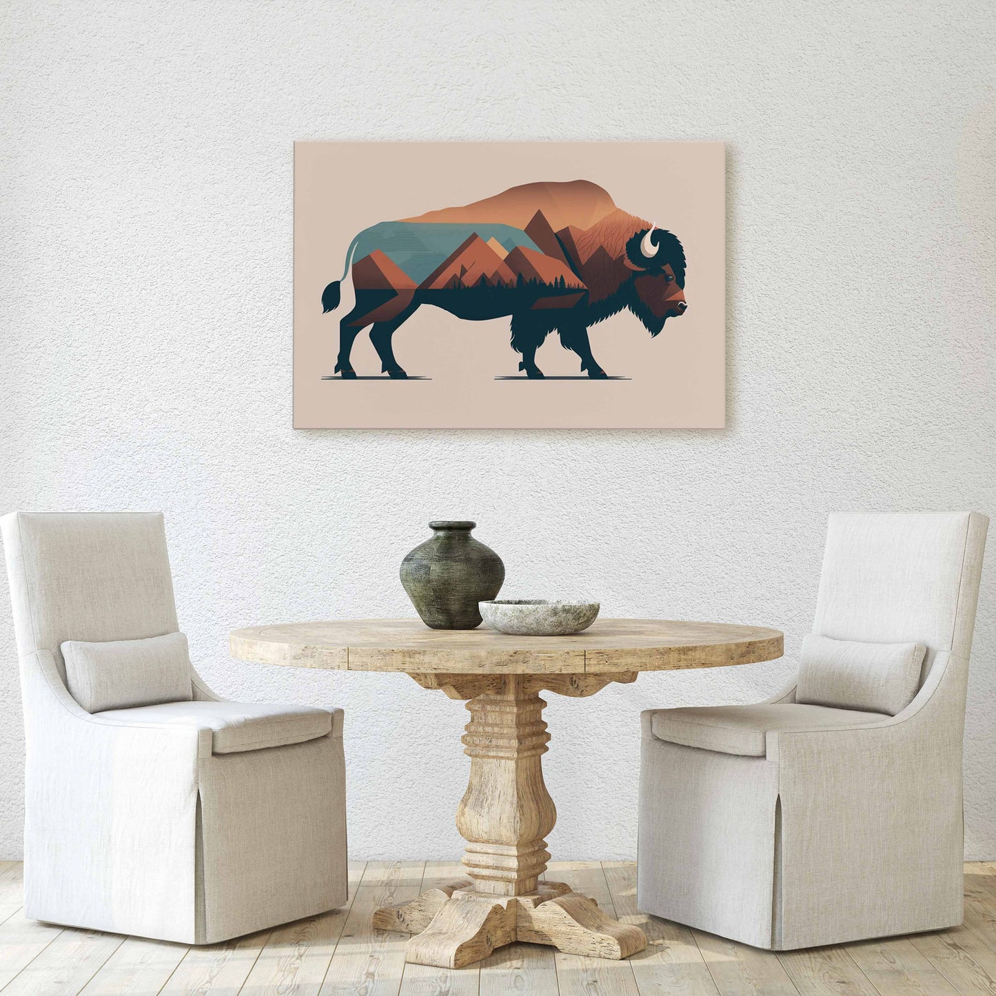 Boho Minimalist Buffalo, American Bison, Canvas Art Ready To Hang Large Print, Painting, Mountains, Neutral