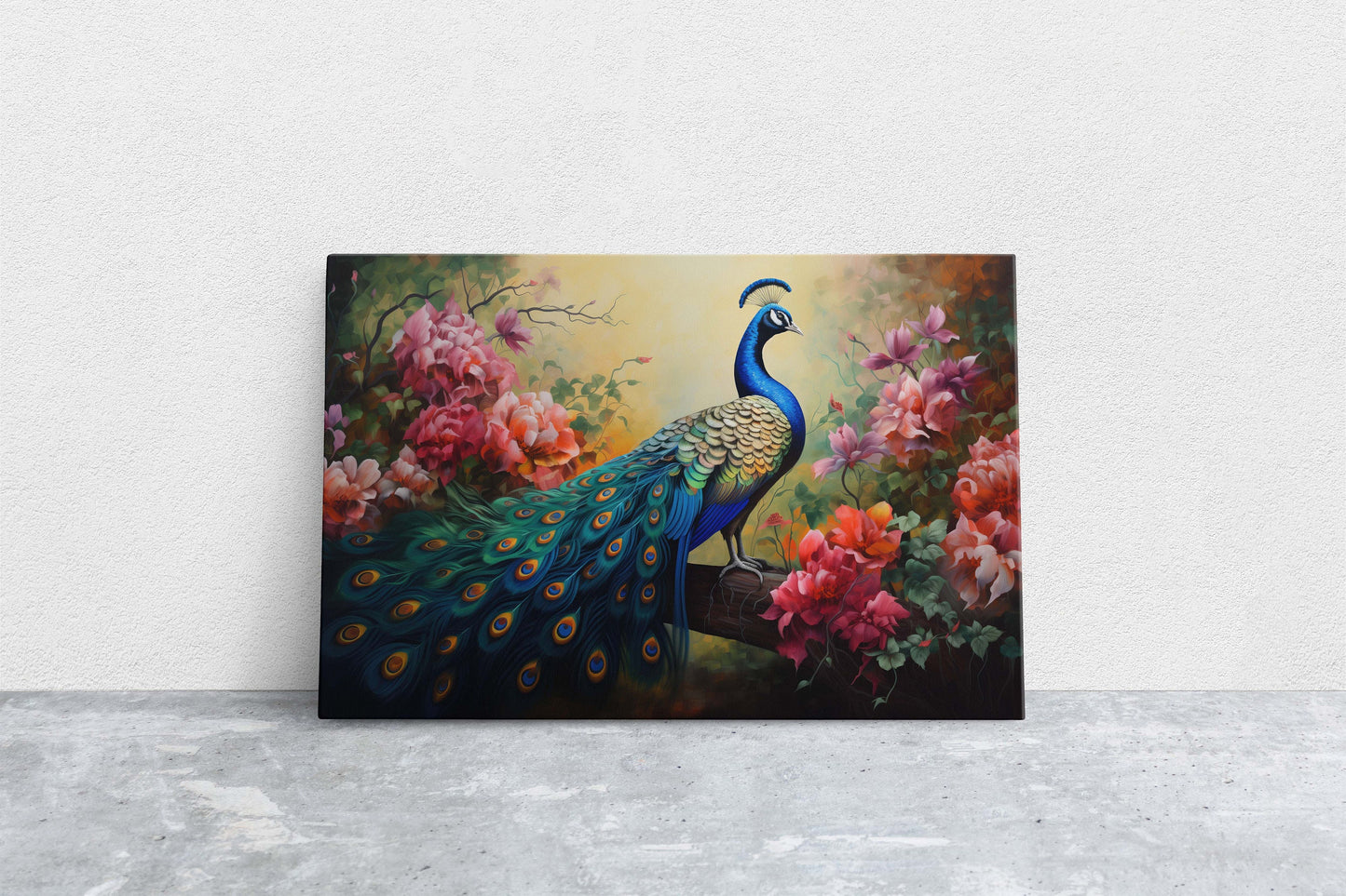 Peacock Painting, Pink Flowers, Colorful Art, Bird Decor, Framed Canvas, Large Print