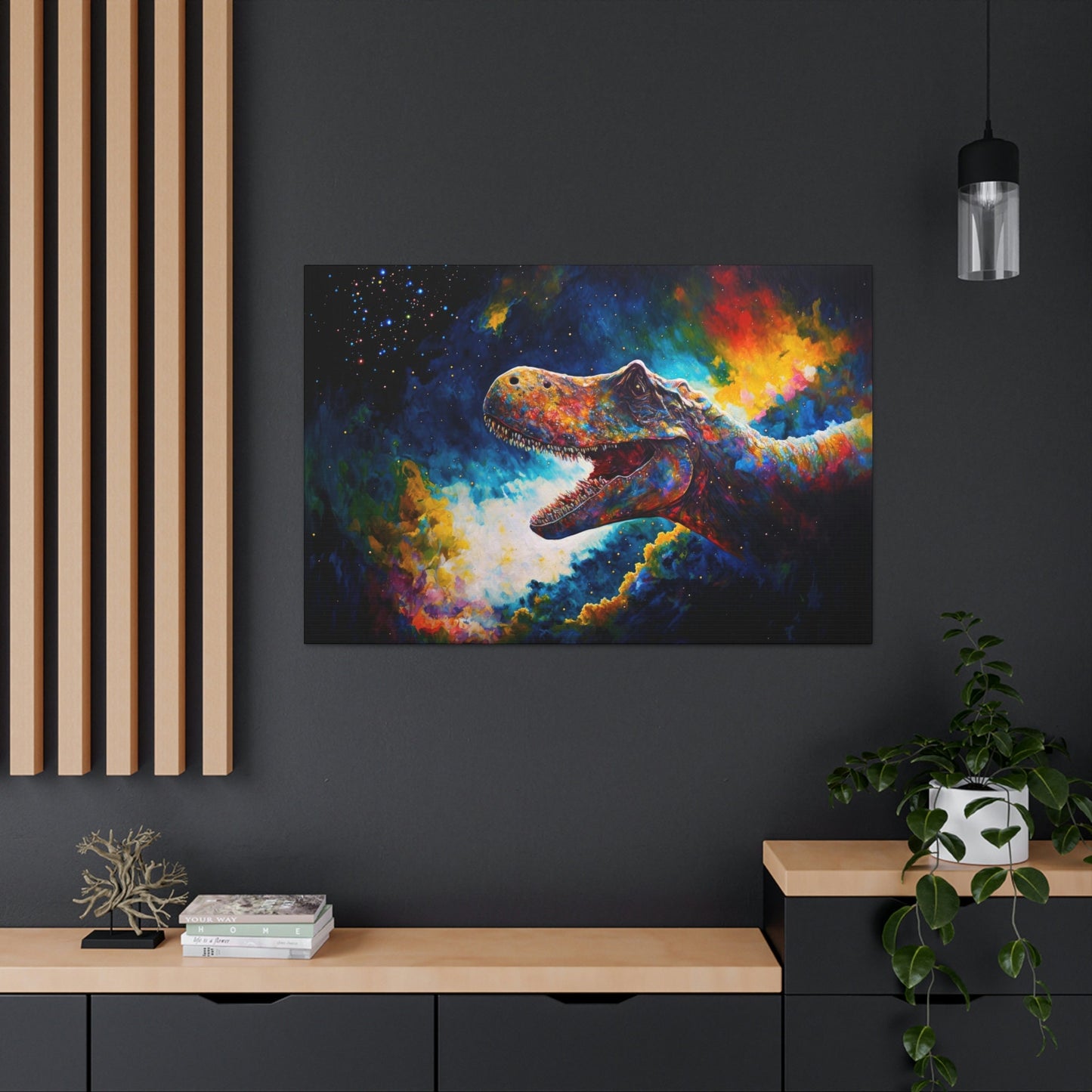 T-Rex Canvas Art Ready To Hang Large Print, Oil Painting, Colorful, tyrannosaurus, Space, Dinosaur