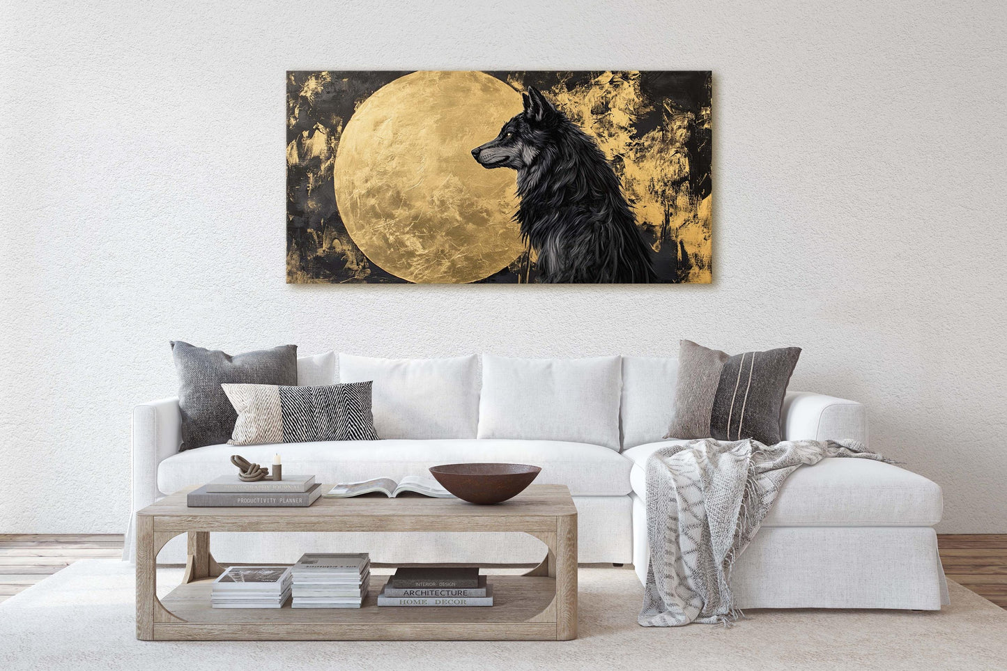 Lone Wolf Contemporary, Black and Gold Wolf, Wolf Moon