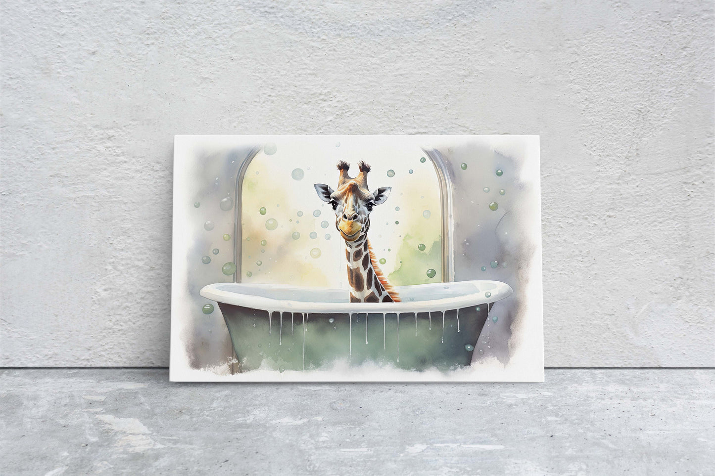 Giraffe Bath, Giraffe in Bathtub, Bathroom Decor, Kids Bath, Powder room, Fun Art, Cute Giraffe Elephant, Bath time Art, Silly Decor