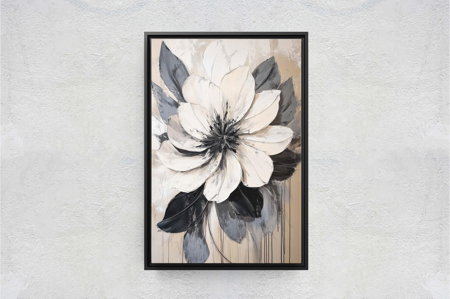 Flower Painting, Black White Flower, Contemporary Art, Beige Black White