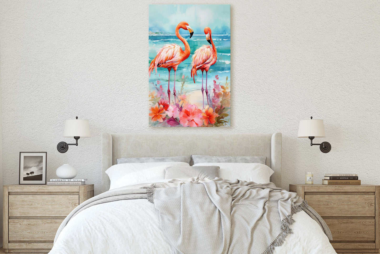 Flamingo Flowers on Canvas, Floral Bird, Beach Art, Framed Canvas, Tropical Art, Blue Water, Animal Print, Bird Lover, Vertical Portrait