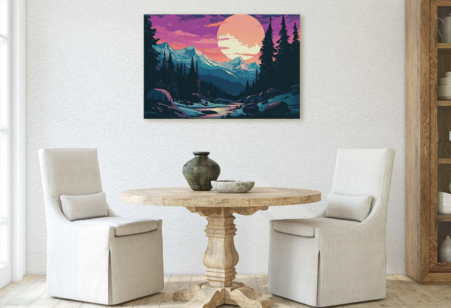 Mountain and Moon on Canvas, Nightfall Mountains, Midnight Landscape, Vibrant Color, Bold Design, Colorado Mountain, Illustration Outdoors
