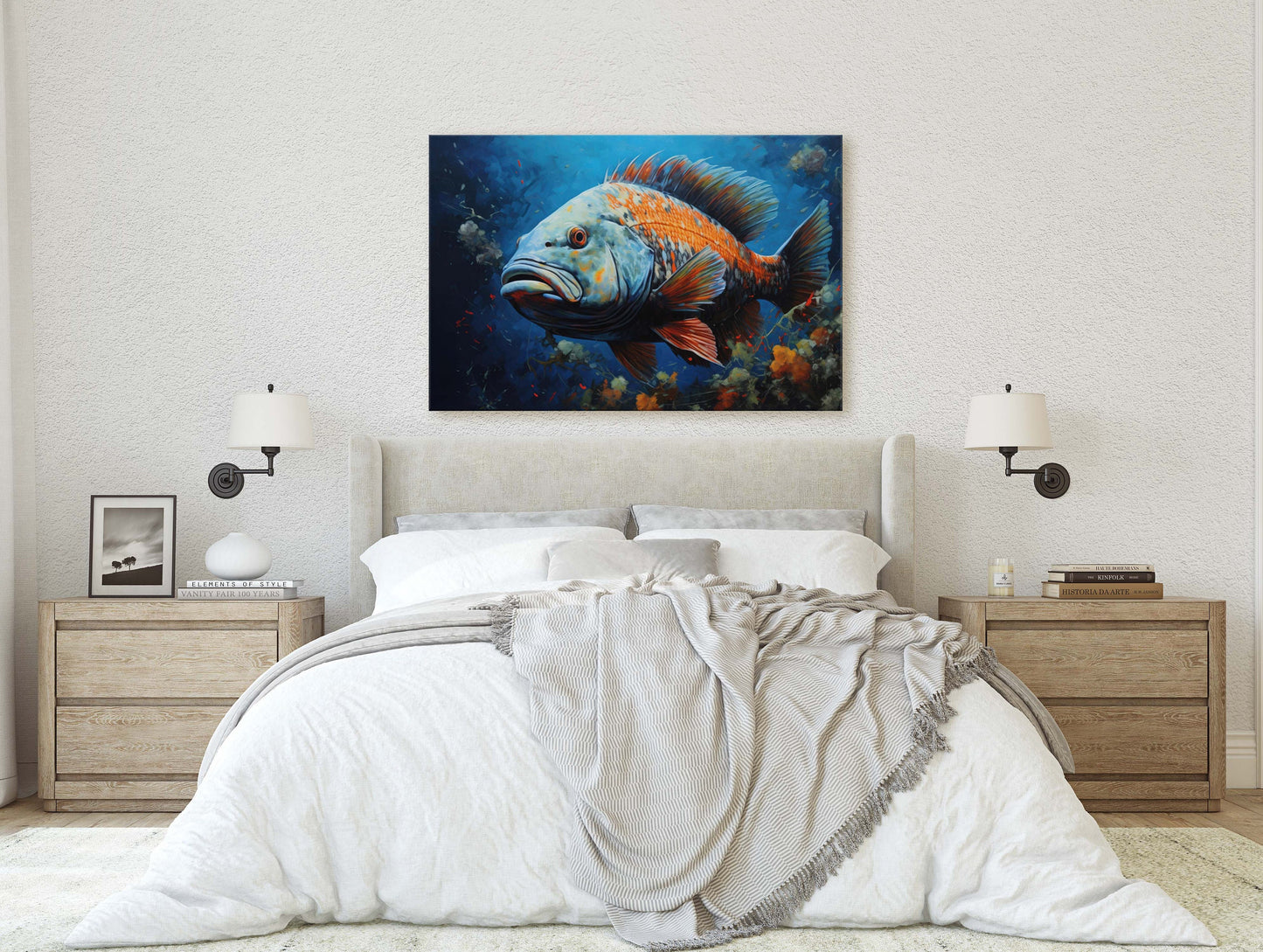 Fish Painting, Canvas Wall Art, Abstract Blue Sea Painting, Boho Wall Décor, Custom Painting, Home Decor,Large Original,Framed Canvas