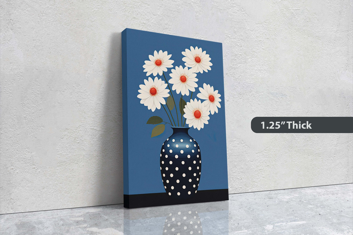 Flower Vase Painting, Contemporary Blue, White Floral Art, Framed Canvas, Large Art Print, Vertical Portrait, Indigo and White, Modern