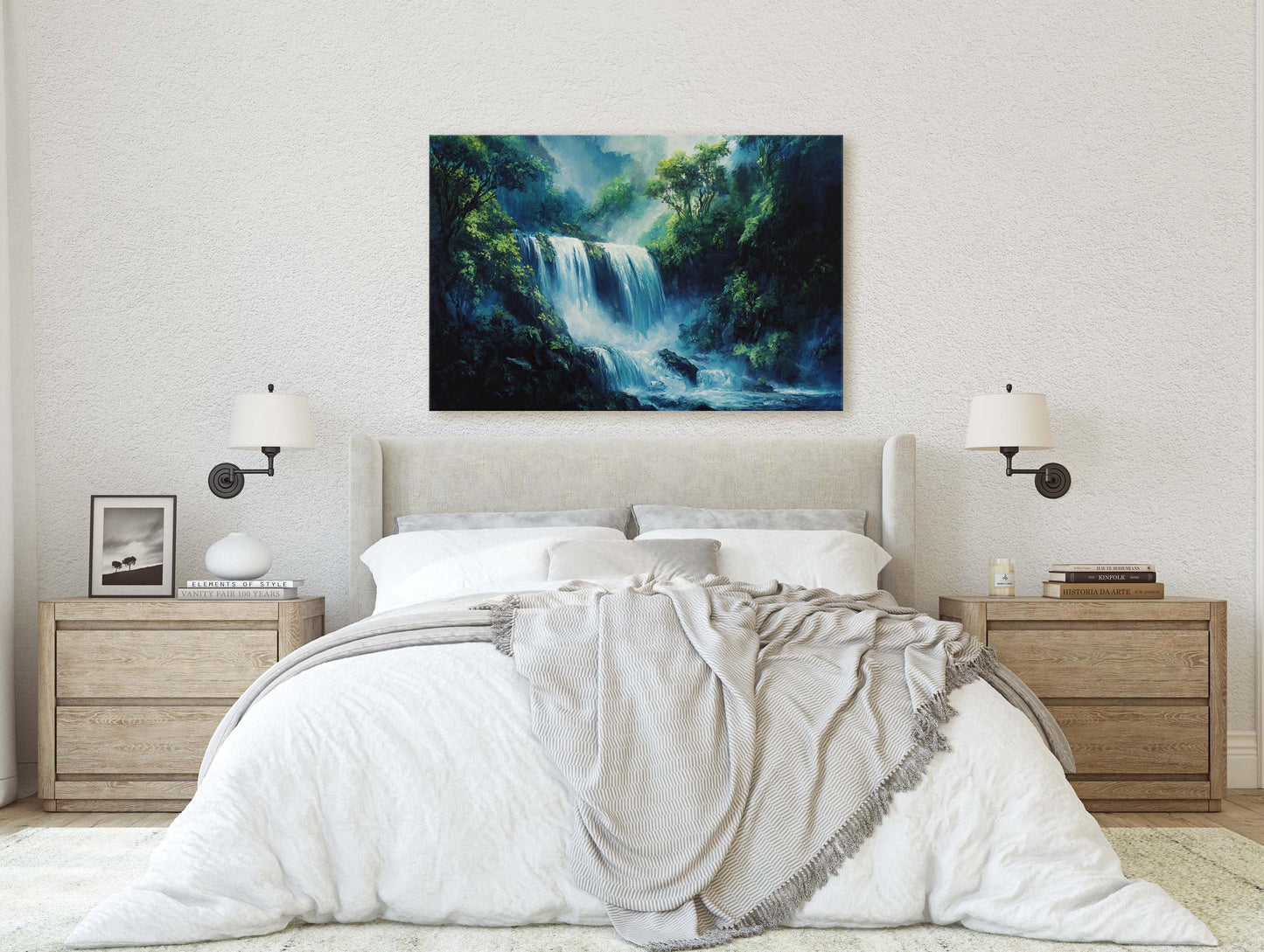 Waterfall Painting, Nature painting, Rushing waterfall, Mountain River, Mountain Lake