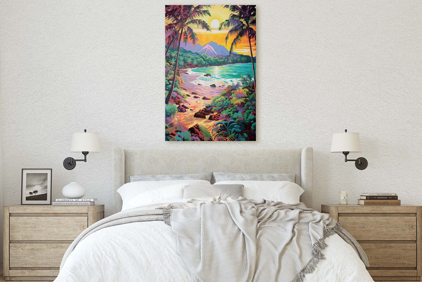 Vibrant Coast on Canvas, Ancient Beach, Framed Canvas, Prehistoric Landscape, Coastline Illustration, Bold Color, Vertical Botanical