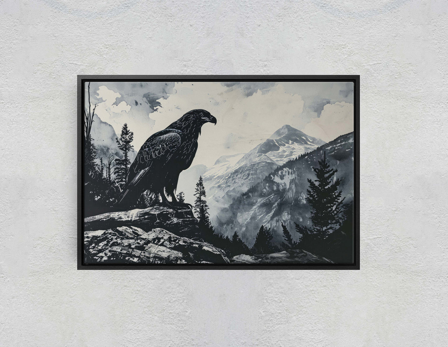 Black and White Eagle, Hawk Painting, Cabin Decor, Mountain Home Art, Framed Canvas, Eagle Painting, Mountain Range, Nature Art