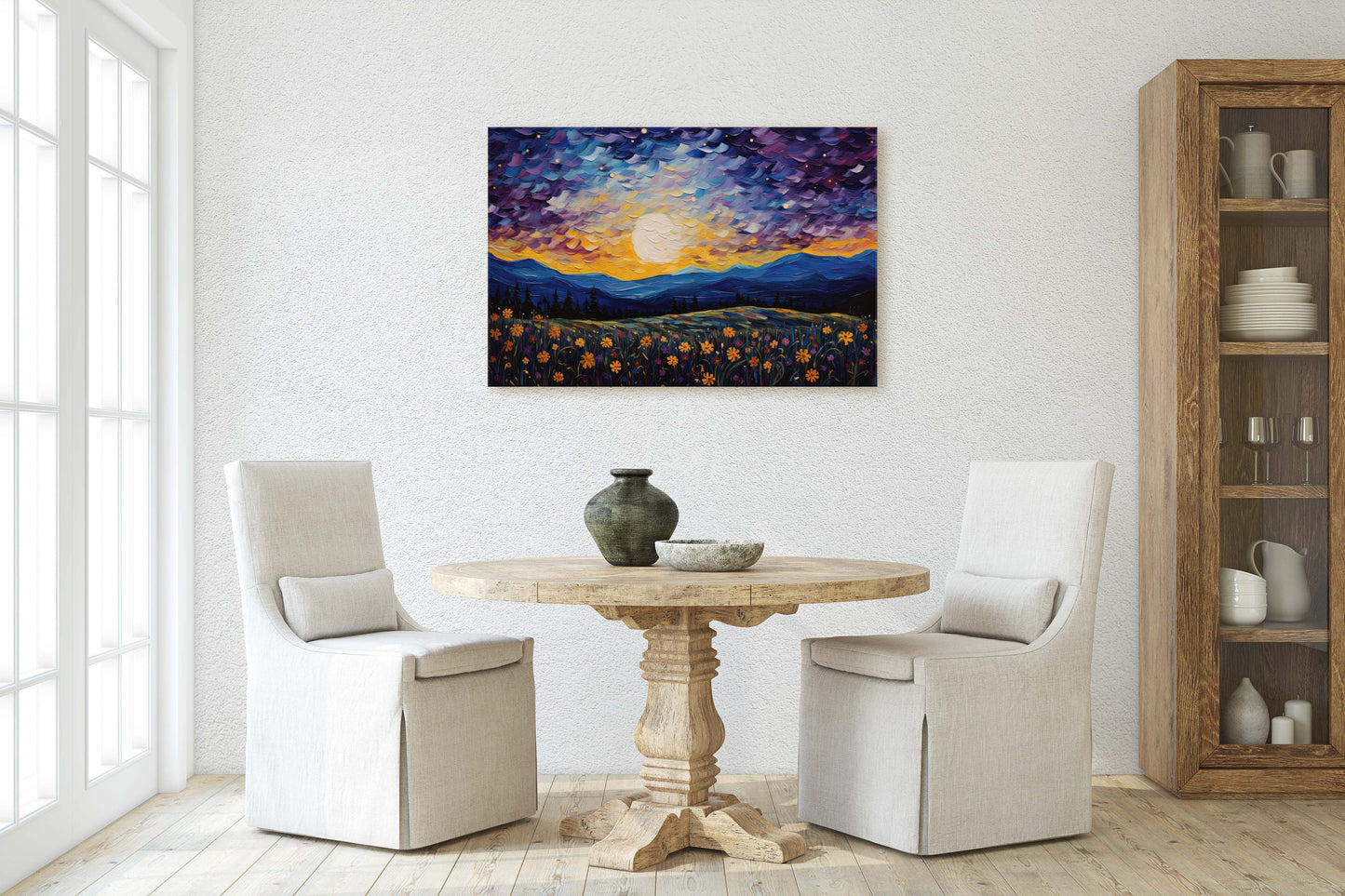 Flowers and Stars, Flower Field Painting, Blues Purples and orange, Moonlit Night, Sunset, Sunrise, Landscape Painting