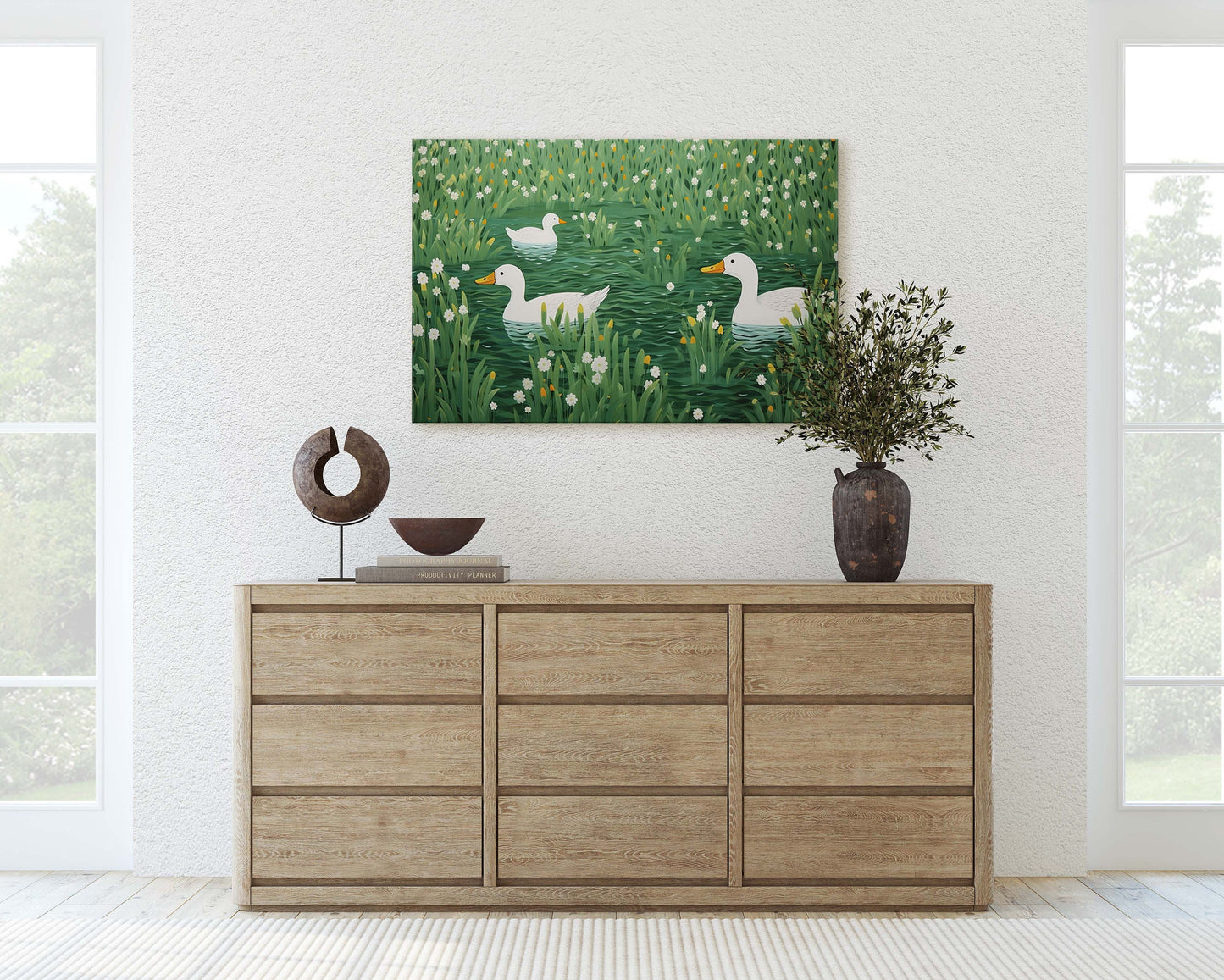 Ducks on Pond, Green Pond, Simple Minimal, Framed Canvas, Green and White, Emerald Green, Large Art Print, Mallard Duck, Lake, Marsh