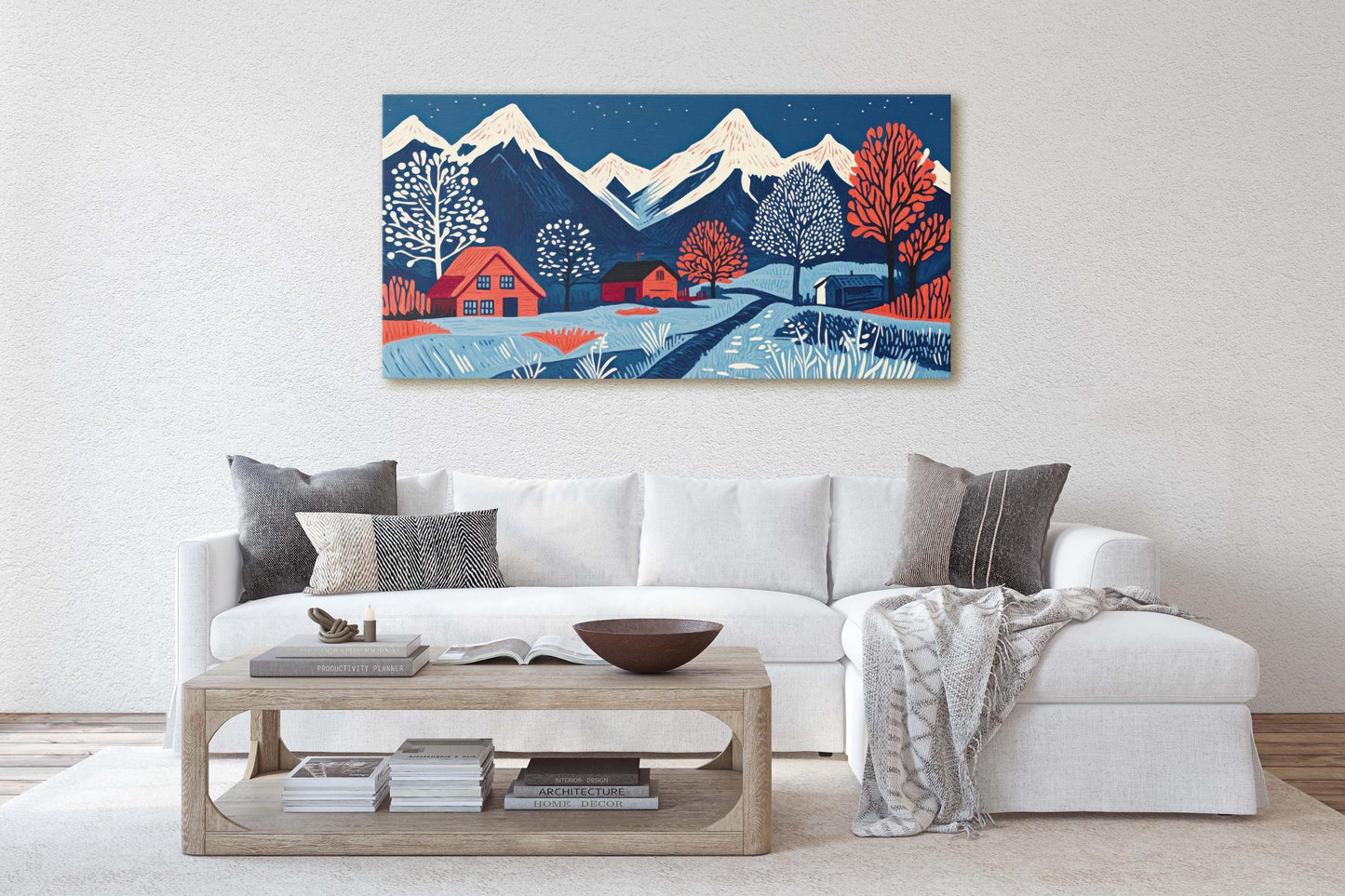 Scandinavian Village, Mountain Village, Mountain Town, Linocut Print