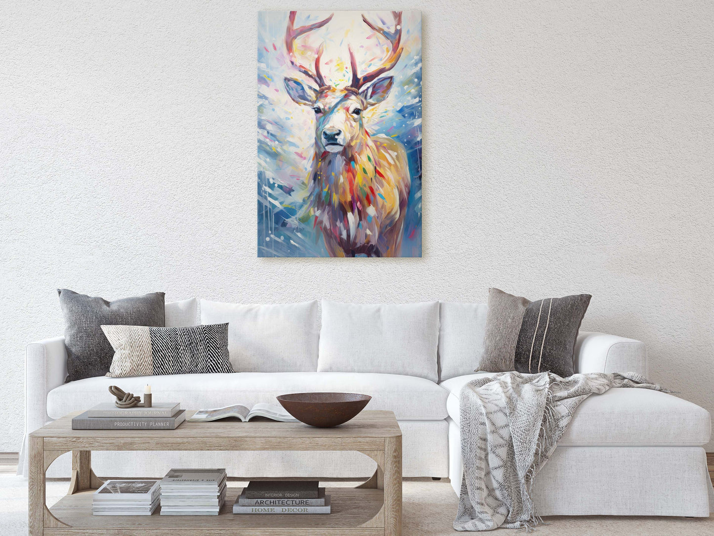 Reindeer Painting, Colorful Reindeer, Christmas Decor, Winter Art, Framed Canvas, Xmas Art, Festive Painting, Christmas Print