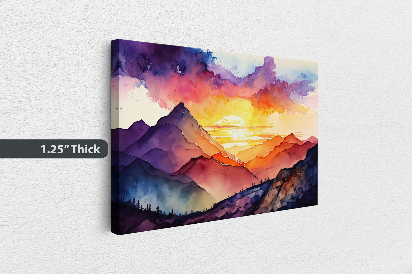 Watercolor mountains, Colorful sunset, Canvas Art, Large Print, Painting, Landscape, vibrant colors, dramatic landscape, living room