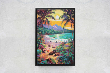 Vibrant Coast on Canvas, Ancient Beach, Framed Canvas, Prehistoric Landscape, Coastline Illustration, Bold Color, Vertical Botanical