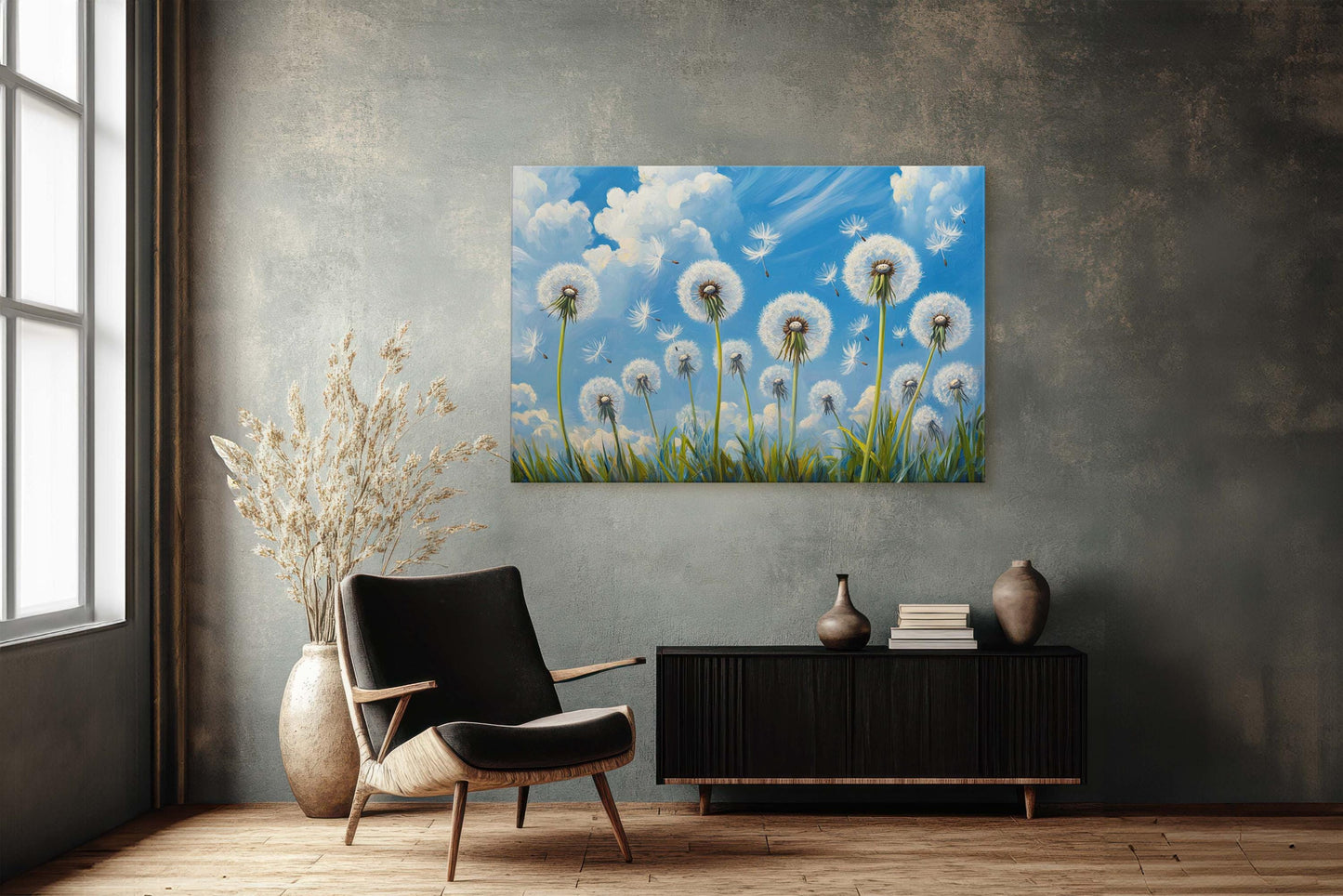 Dandelions Painting, Blue Sky Art, Close up Flowers, Wildflowers Art