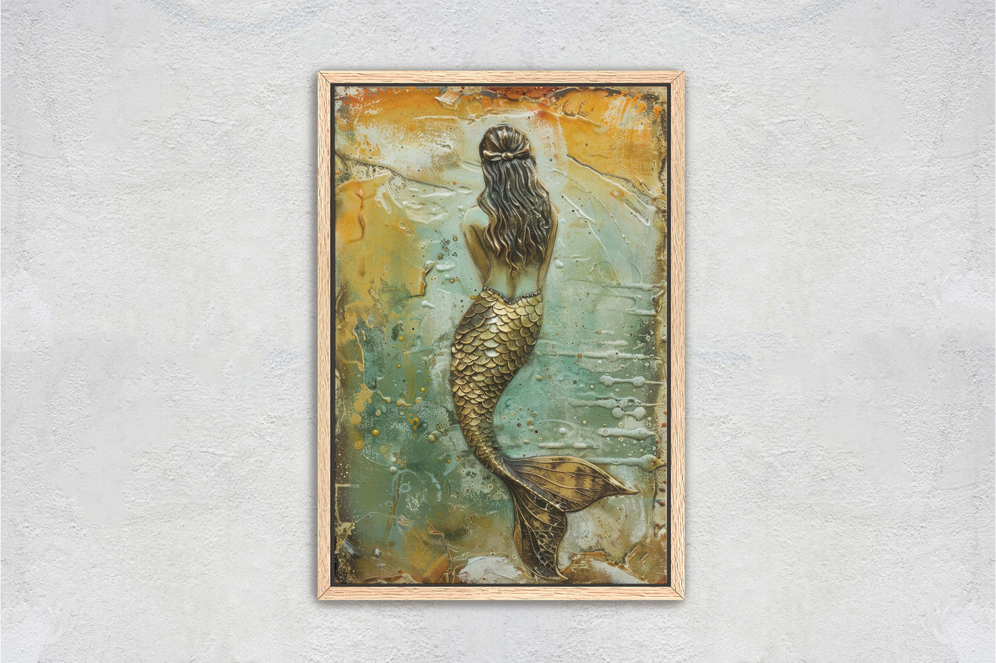 Rustic Mermaid, Faux metal art, Mythical Creature, Ocean Decor, Framed Canvas, Large Art print, Fantasy Painting